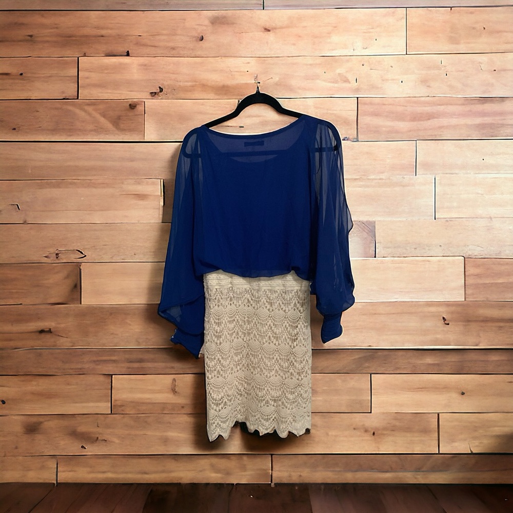 Dress. Blue top, sheer long sleeves with attached lace skirt.